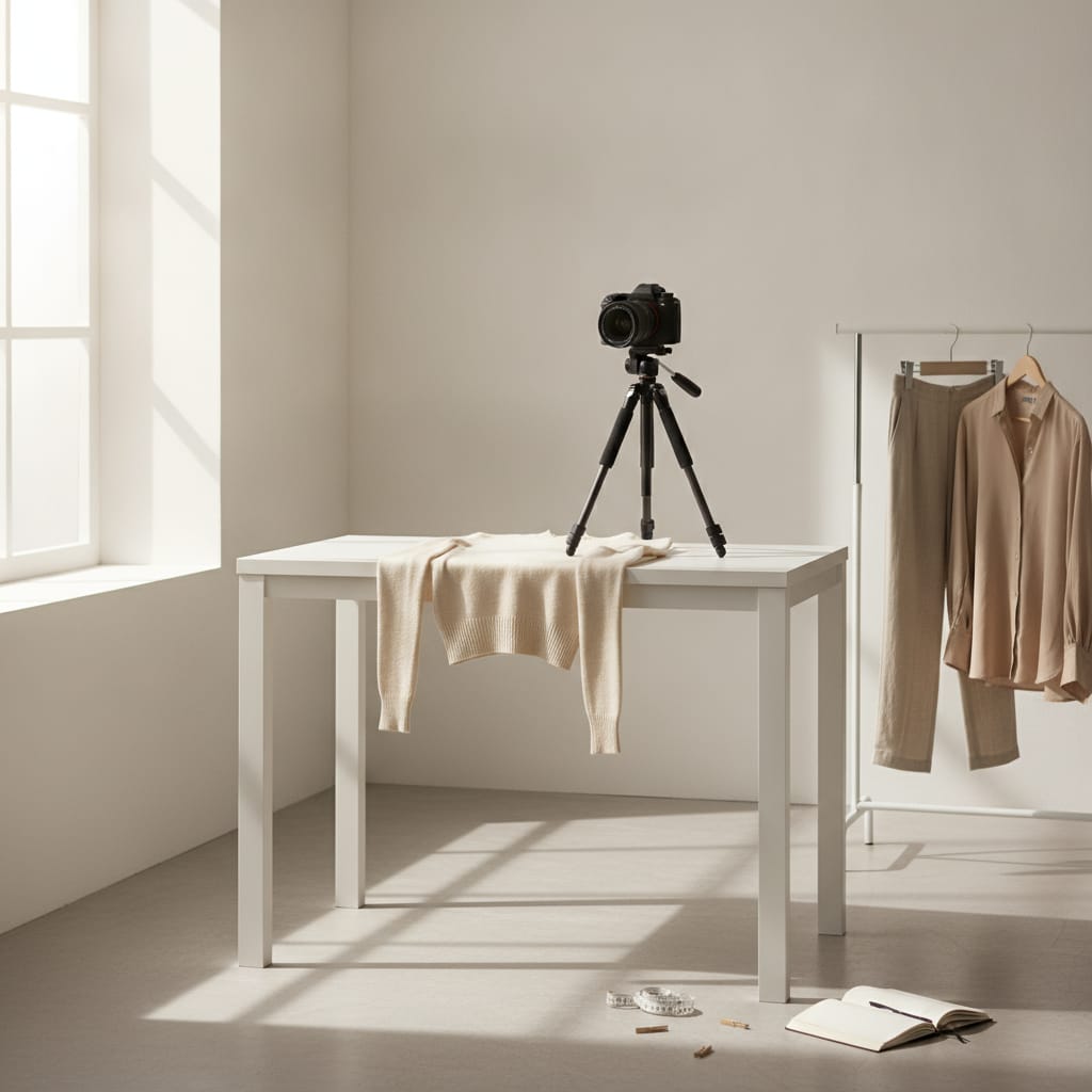 Werkplek waar productfoto's voor een kledingwebshop gemaakt worden — bij het artikel over afmetingen productfoto webshop