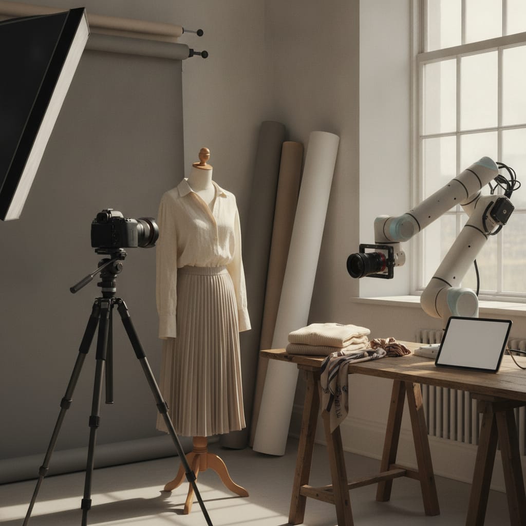 Werkplek waar productfoto's voor een kledingwebshop gemaakt worden — bij het artikel over AI-fotografie versus fotograaf