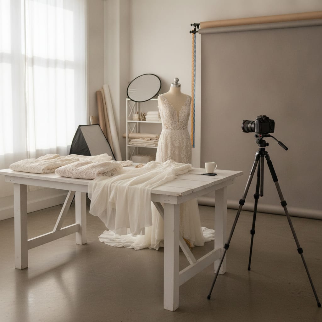 Werkplek waar productfoto's voor een kledingwebshop gemaakt worden — bij het artikel over bruidsmode verkopen