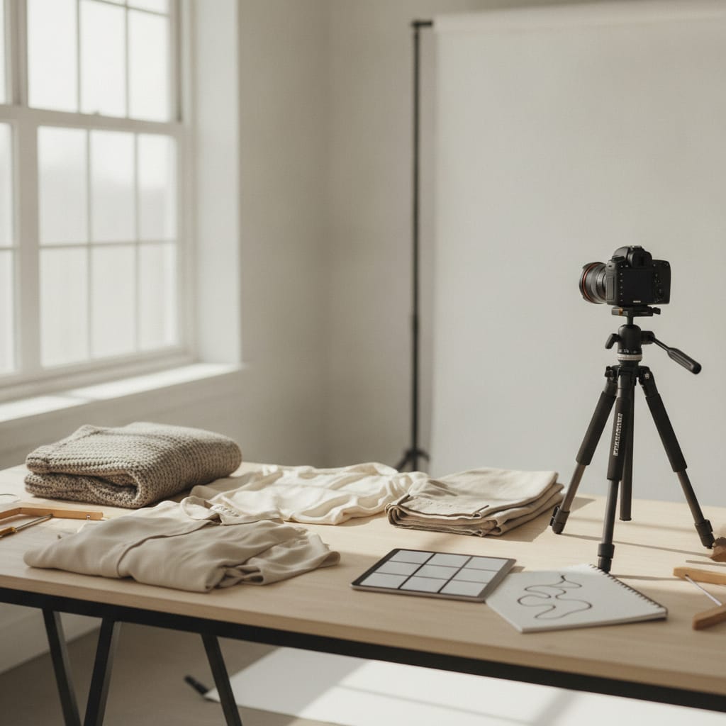 Werkplek waar productfoto's voor een kledingwebshop gemaakt worden — bij het artikel over collectie fotoshoot plannen