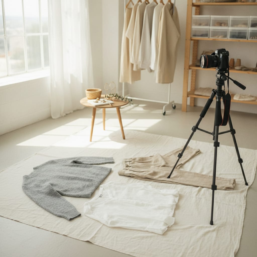 Werkplek waar productfoto's voor een kledingwebshop gemaakt worden — bij het artikel over flat lay fotografie kleding