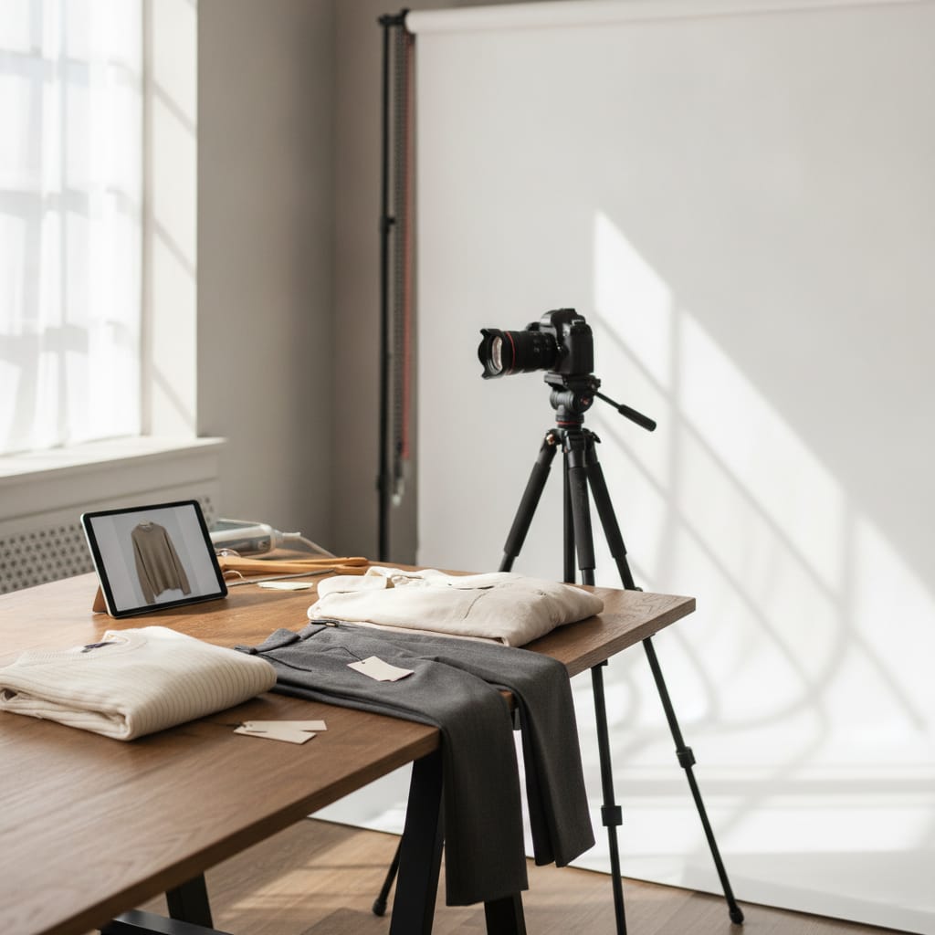 Werkplek waar productfoto's voor een kledingwebshop gemaakt worden — bij het artikel over foto's van leverancier gebruiken
