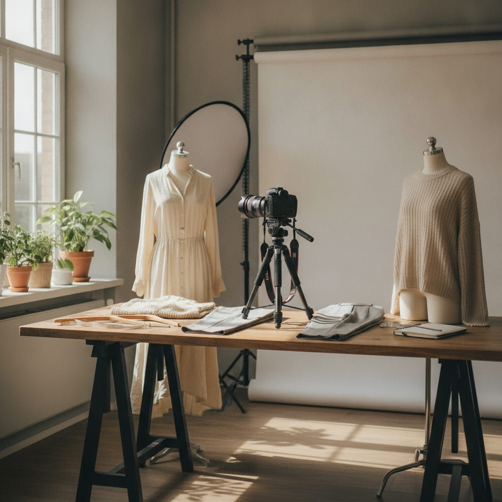 Werkplek waar productfoto's voor een kledingwebshop gemaakt worden — bij het artikel over conversie verhogen webshop