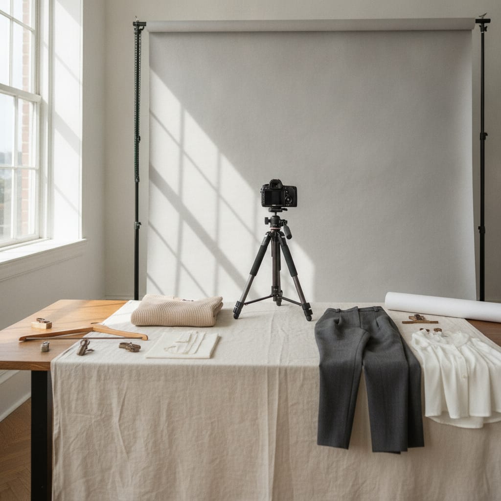 Werkplek waar productfoto's voor een kledingwebshop gemaakt worden — bij het artikel over hoeveel productfoto's per product