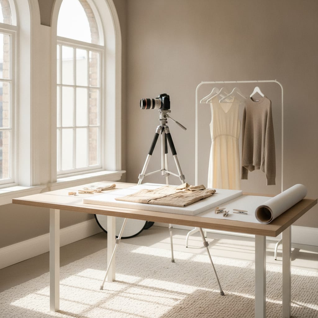 Werkplek waar productfoto's voor een kledingwebshop gemaakt worden — bij het artikel over kleding fotografie webshop