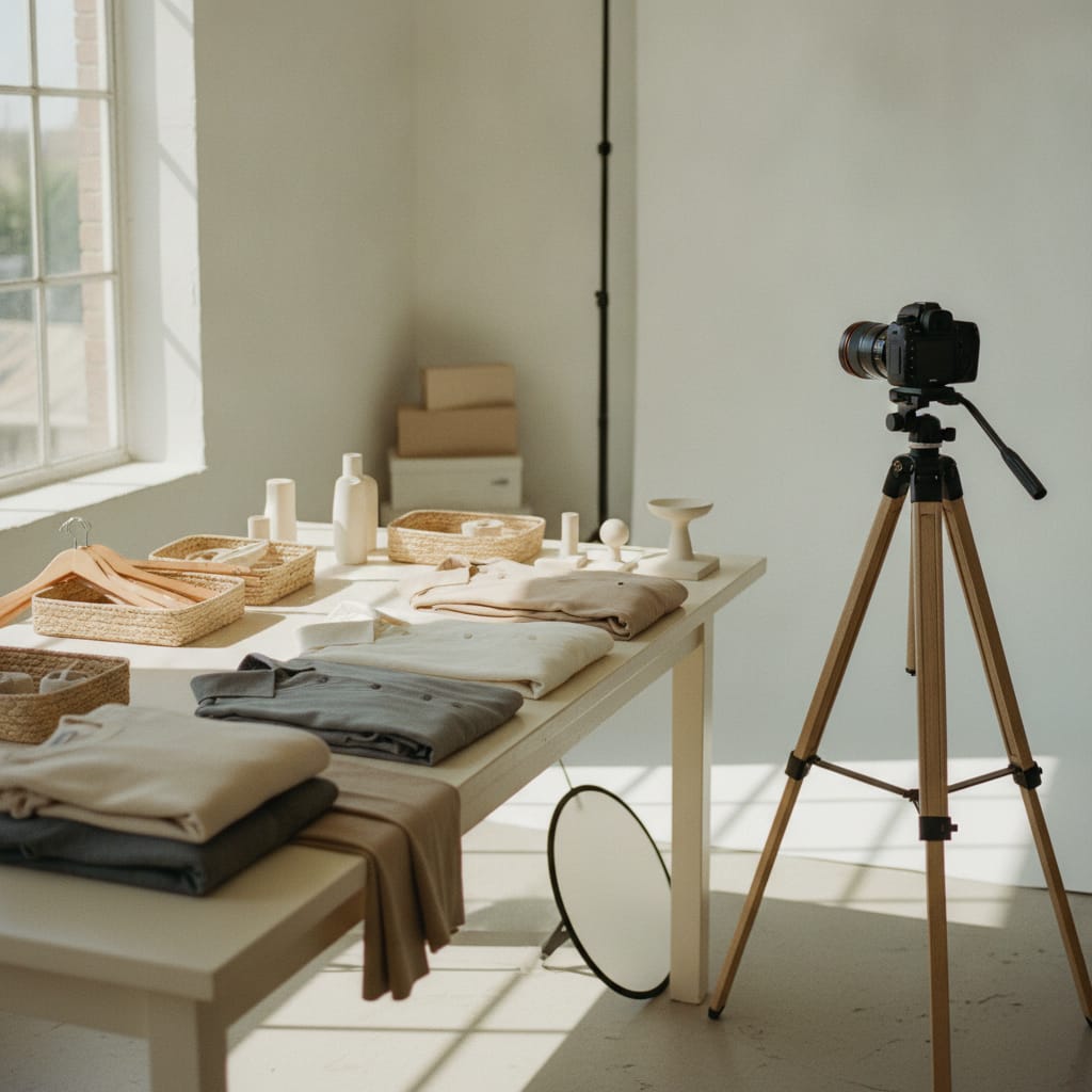 Werkplek waar productfoto's voor een kledingwebshop gemaakt worden — bij het artikel over kleding fotoshoot tips webshop