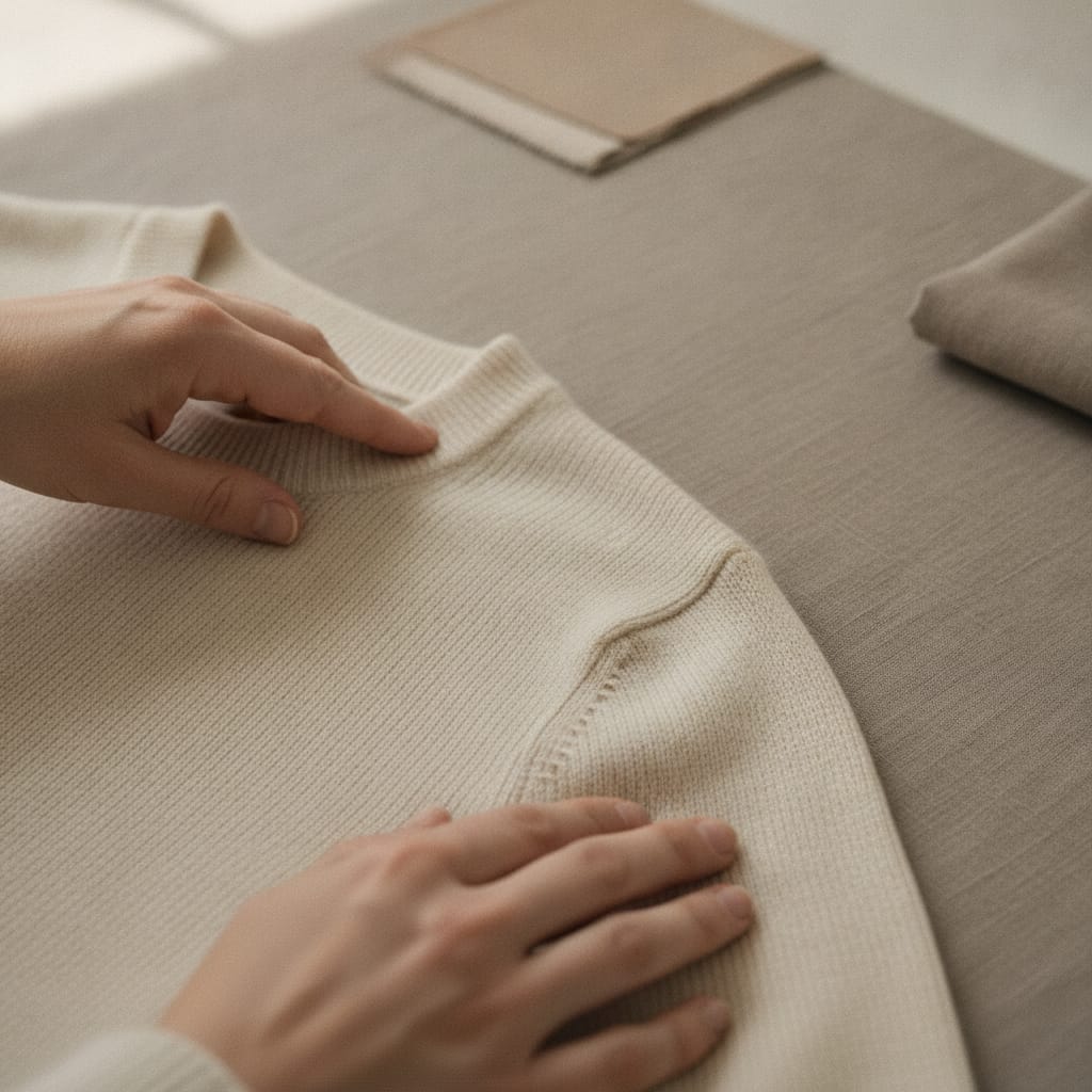 Detailopname van stof en stiksel bij daglicht — bij het artikel over kleding fotoshoot tips webshop