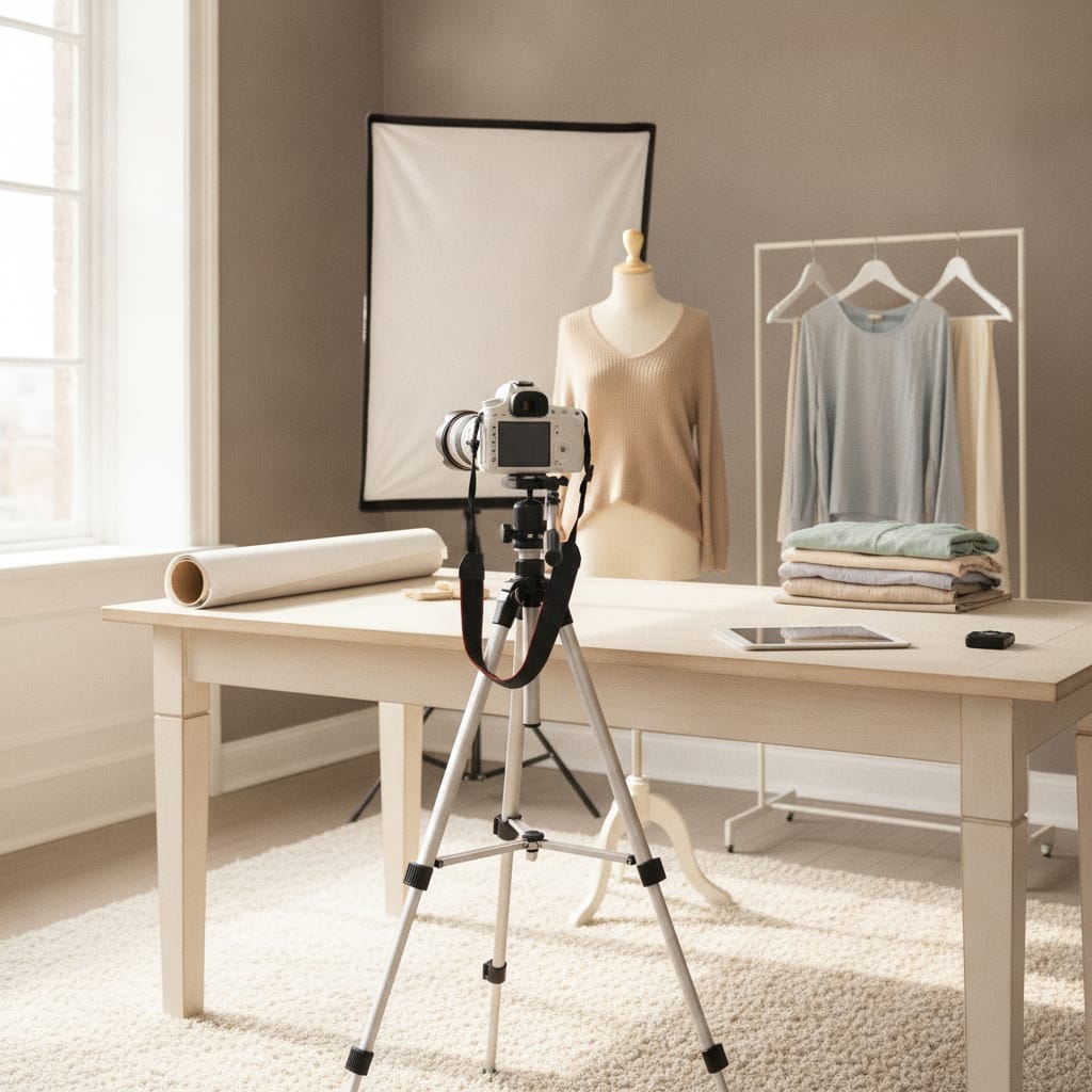 Werkplek waar productfoto's voor een kledingwebshop gemaakt worden — bij het artikel over foto's kleding uploaden en bewerken