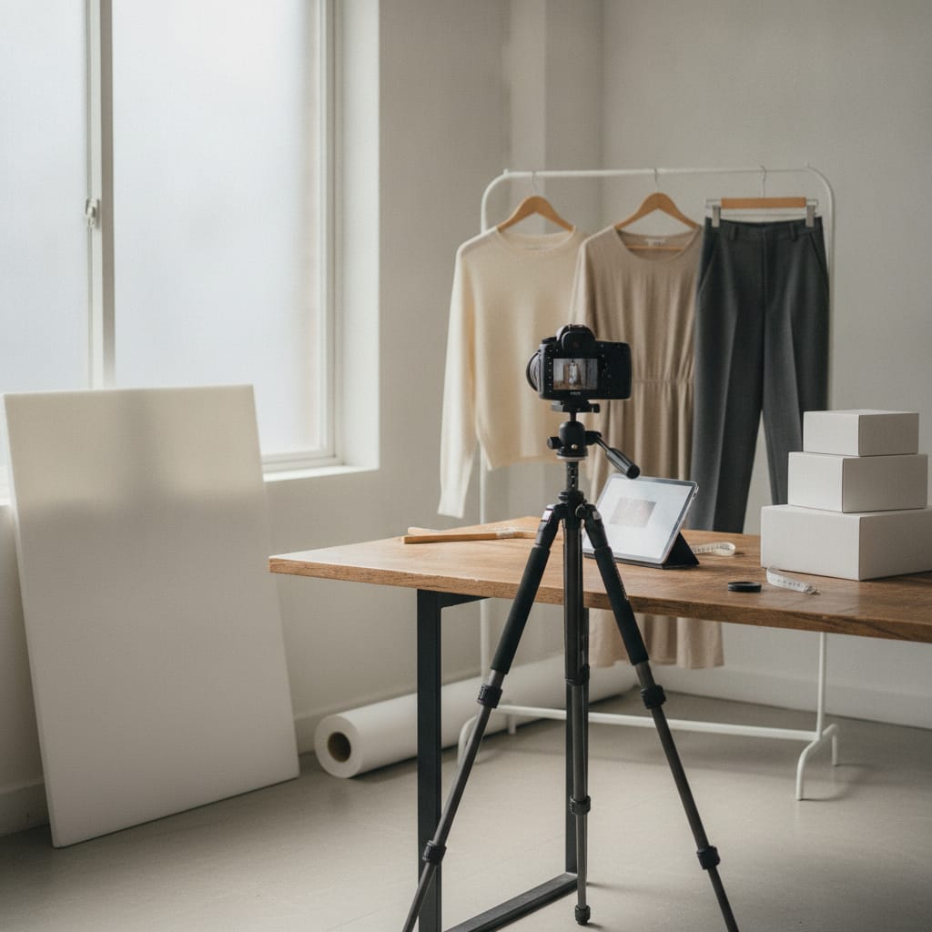 Werkplek waar productfoto's voor een kledingwebshop gemaakt worden — bij het artikel over kledingfoto's voor Instagram