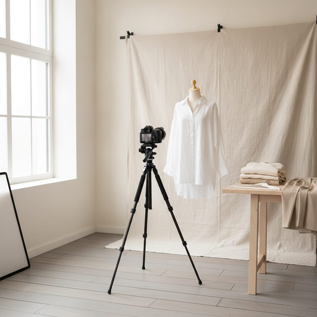 Werkplek waar productfoto's voor een kledingwebshop gemaakt worden — bij het artikel over kosten productfotografie kleding