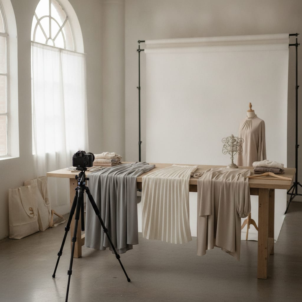 Werkplek waar productfoto's voor een kledingwebshop gemaakt worden — bij het artikel over modest fashion
