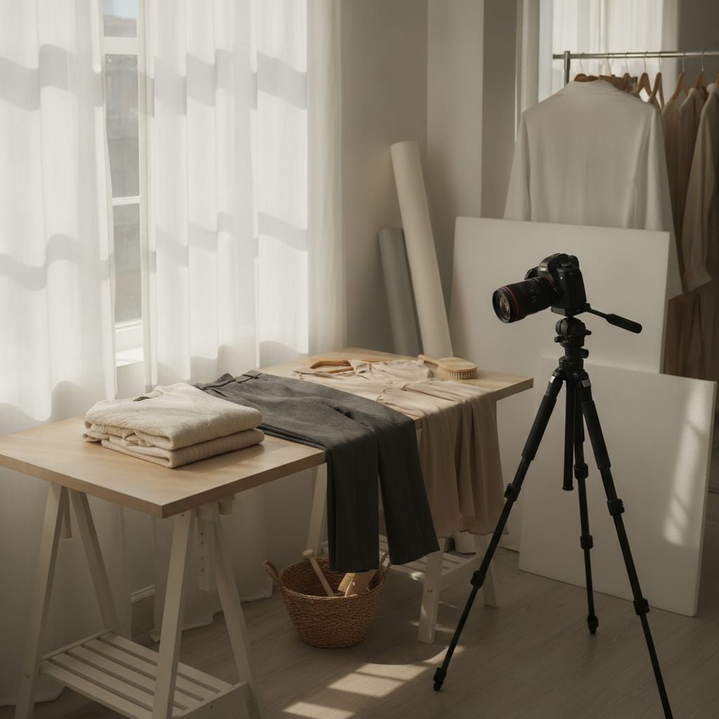 Werkplek waar productfoto's voor een kledingwebshop gemaakt worden — bij het artikel over modelfoto's kleding zonder model