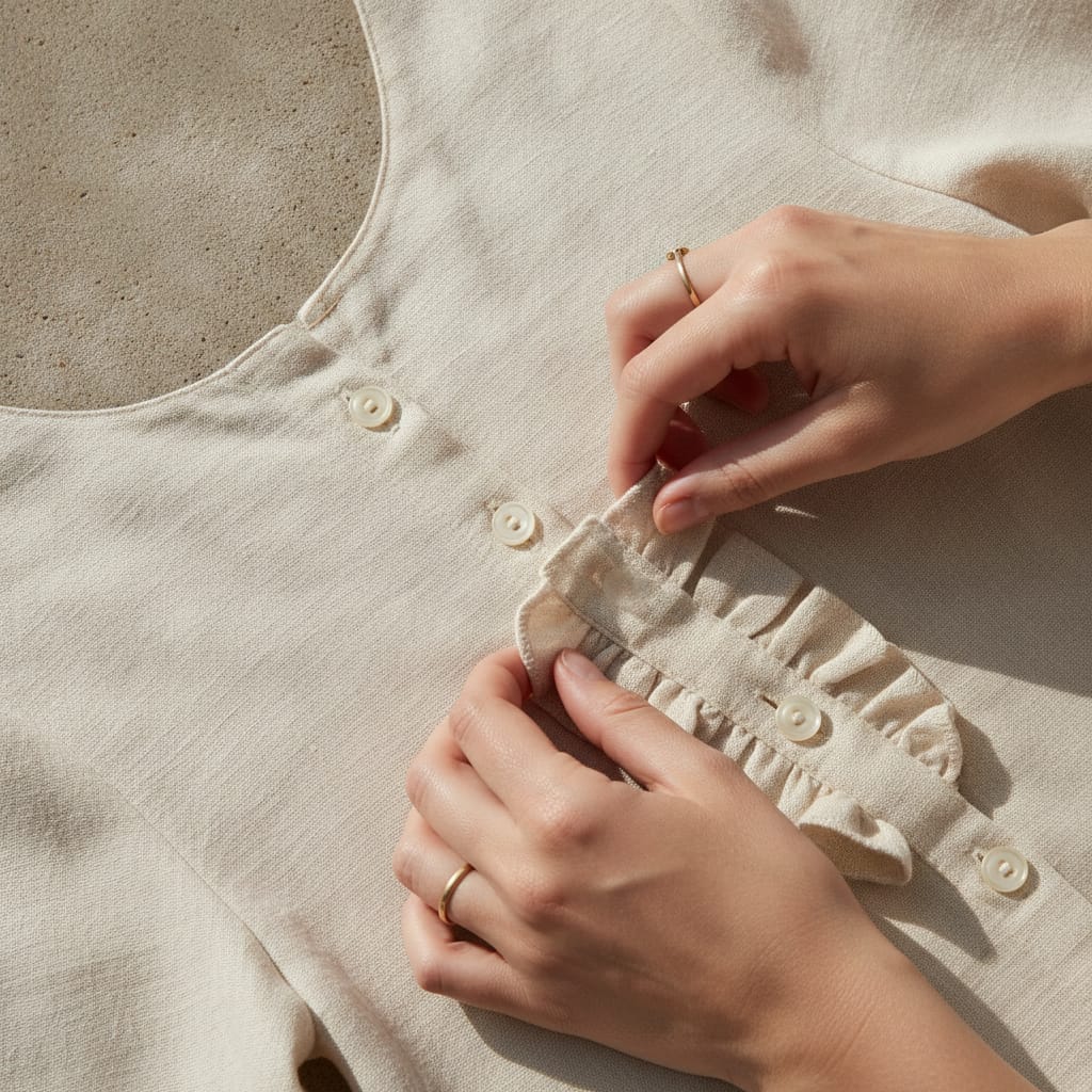 Detailopname van stof en stiksel bij daglicht — bij het artikel over modelfoto's kleding zonder model