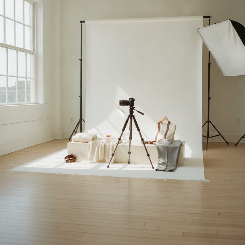 Werkplek waar productfoto's voor een kledingwebshop gemaakt worden — bij het artikel over packshot of lifestyle foto