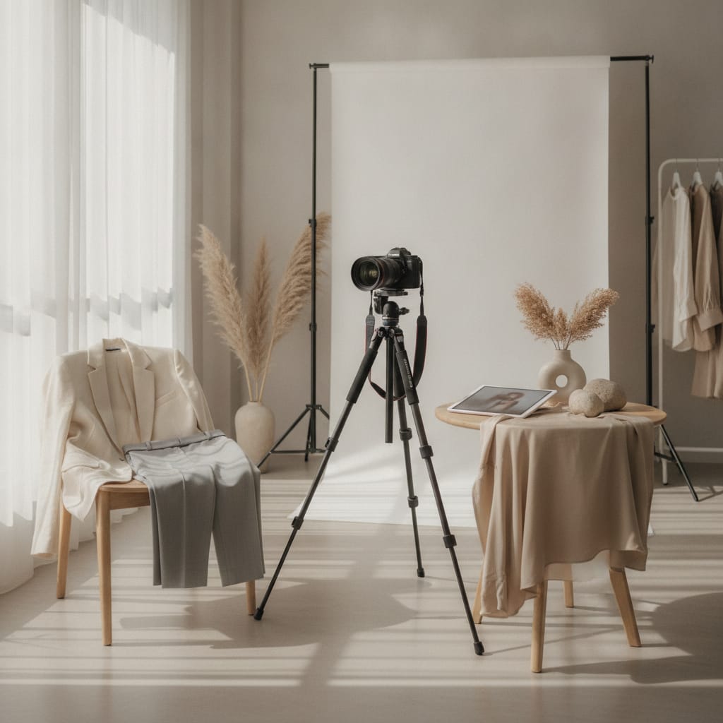 Werkplek waar productfoto's voor een kledingwebshop gemaakt worden — bij het artikel over productfoto SEO optimaliseren