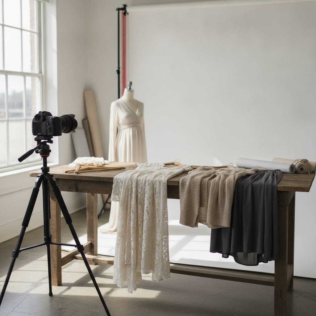 Werkplek waar productfoto's voor een kledingwebshop gemaakt worden — bij het artikel over maternity fotografie