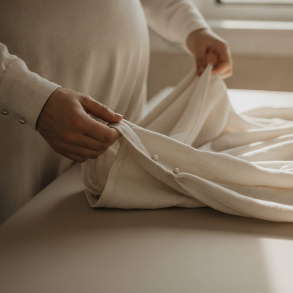 Detailopname van stof en stiksel bij daglicht — bij het artikel over maternity fotografie
