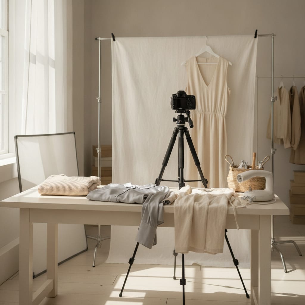 Werkplek waar productfoto's voor een kledingwebshop gemaakt worden — bij het artikel over productfoto's maken voor je webshop