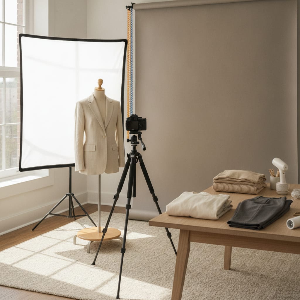 Werkplek waar productfoto's voor een kledingwebshop gemaakt worden — bij het artikel over productfoto's uniform maken