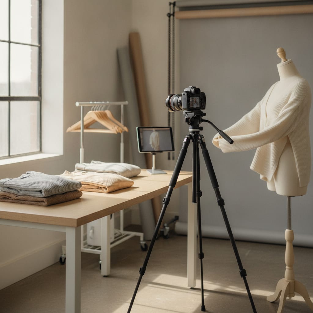 Werkplek waar productfoto's voor een kledingwebshop gemaakt worden — bij het artikel over productvideo webshop