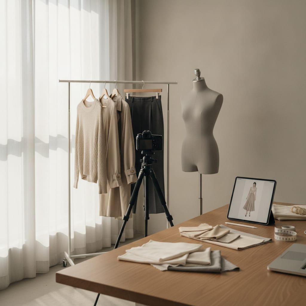 Werkplek waar productfoto's voor een kledingwebshop gemaakt worden — bij het artikel over realistische AI-modelfoto's