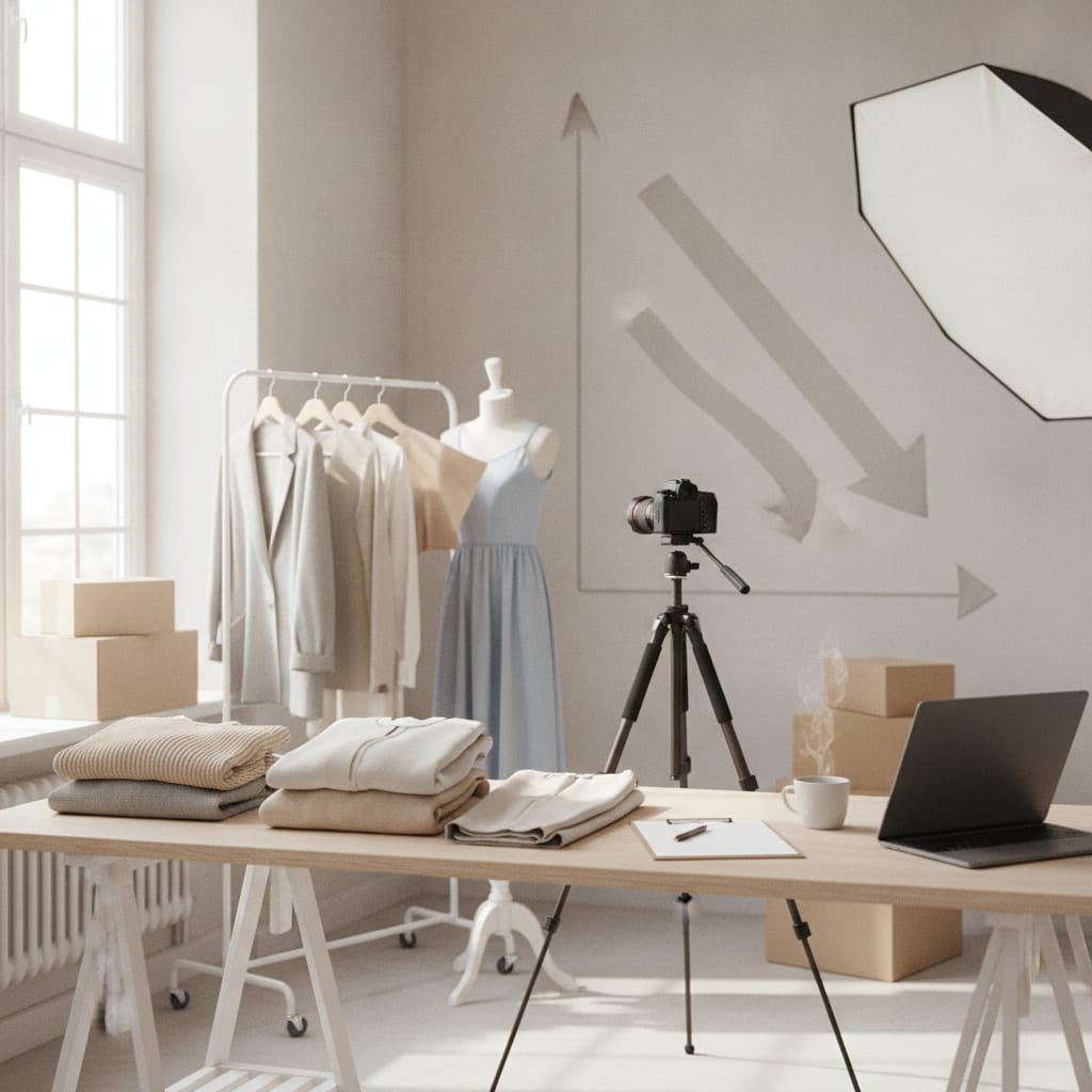 Werkplek waar productfoto's voor een kledingwebshop gemaakt worden — bij het artikel over retouren verlagen kleding webshop