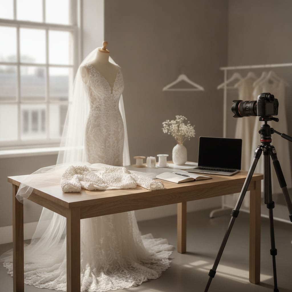 Werkplek waar productfoto's voor een kledingwebshop gemaakt worden — bij het artikel over productteksten bruidsmode