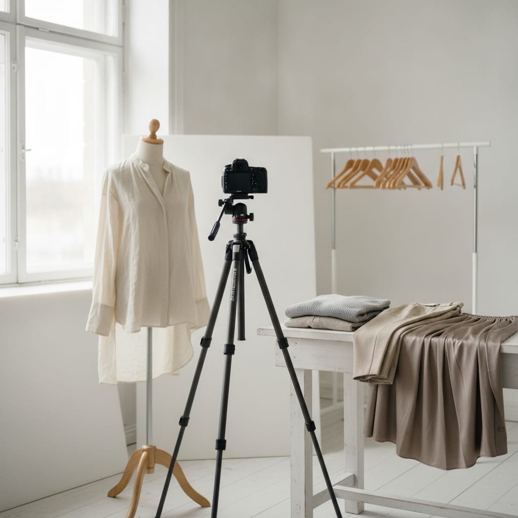 Werkplek waar productfoto's voor een kledingwebshop gemaakt worden — bij het artikel over virtuele paskamer webshop
