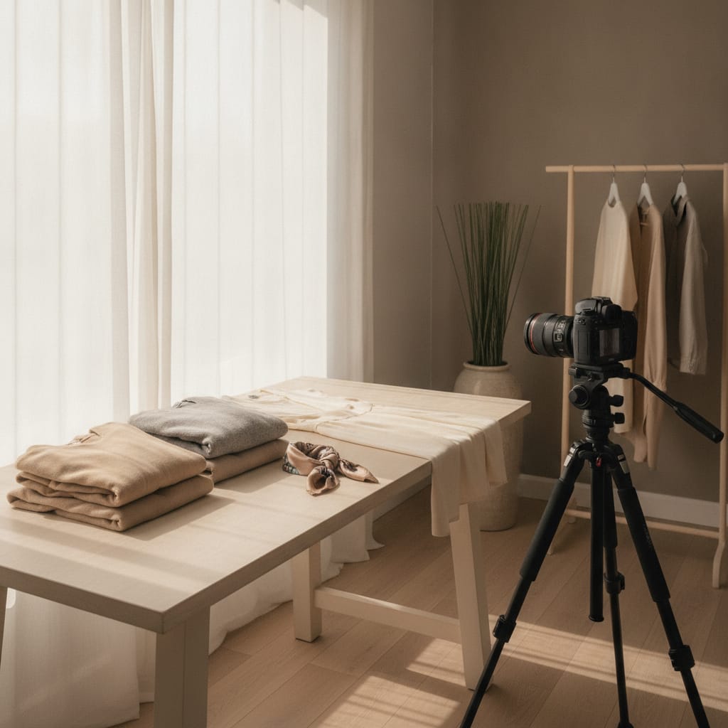 Werkplek waar productfoto's voor een kledingwebshop gemaakt worden — bij het artikel over woocommerce vs shopify