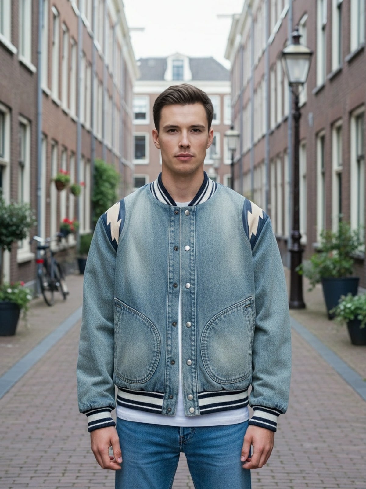 Model in een denim bomberjack met bliksemapplicaties, staand in een Amsterdams straatje