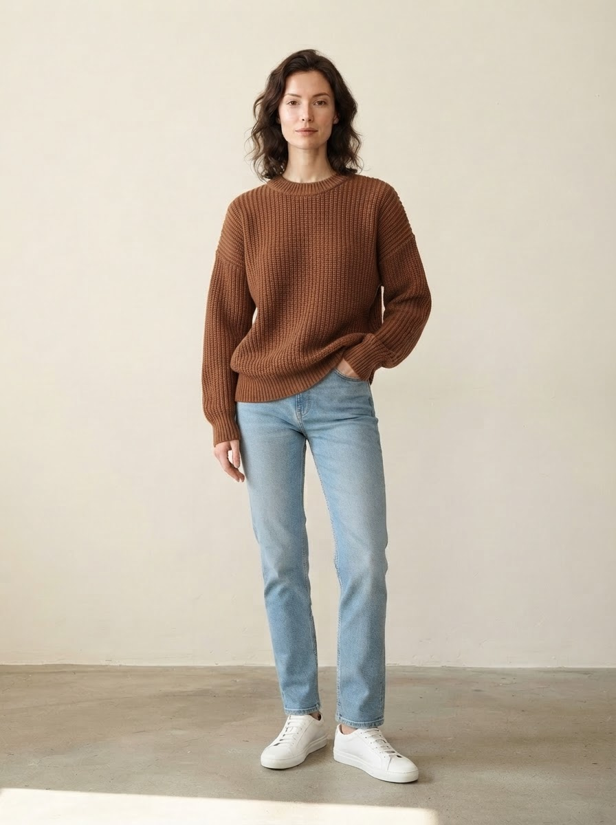 Hetzelfde model Lena, dezelfde studio, nu in een kastanjebruine gebreide trui