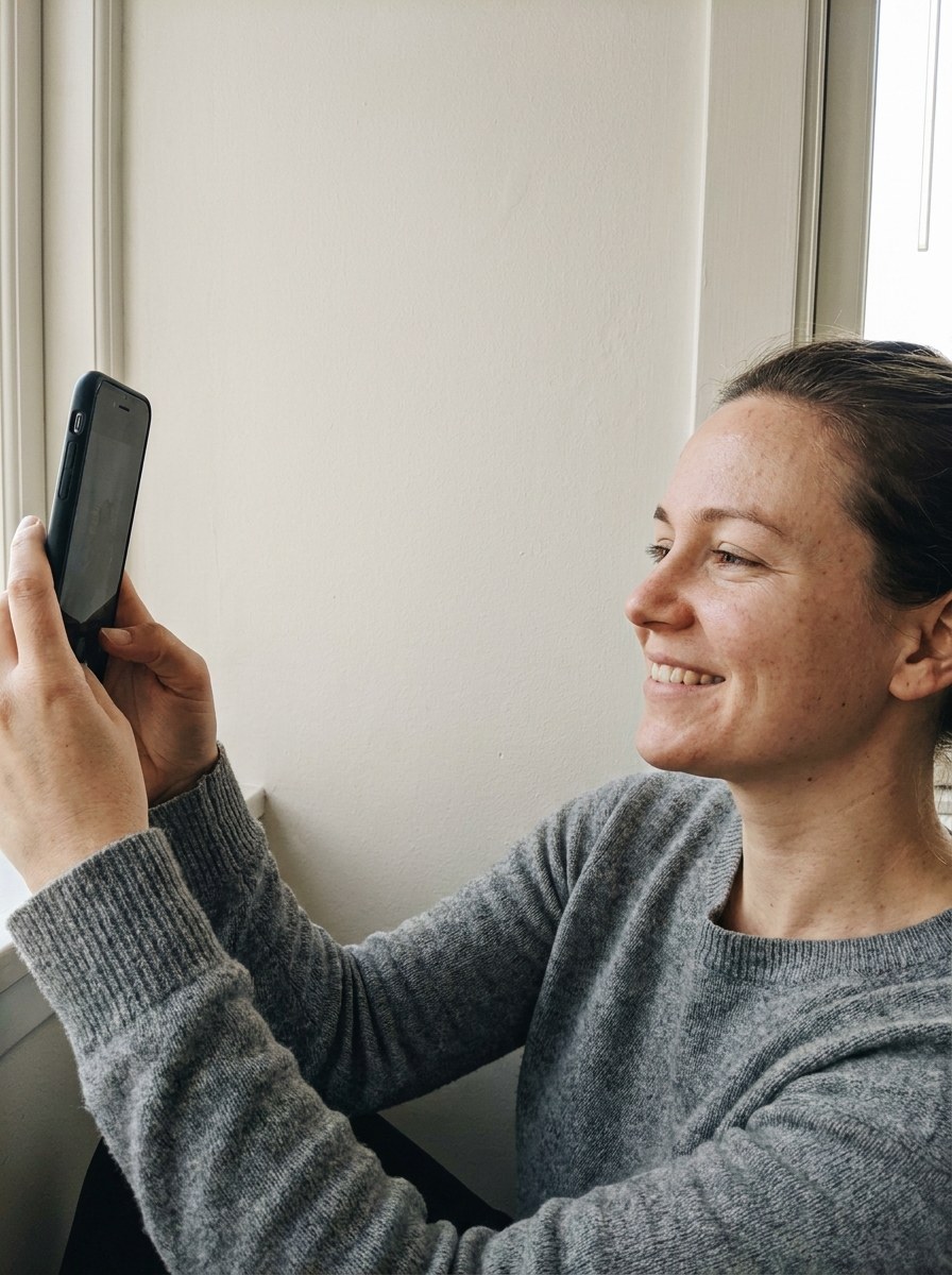 Een gewone telefoon-selfie bij het raam — het startpunt (verzonnen persoon)