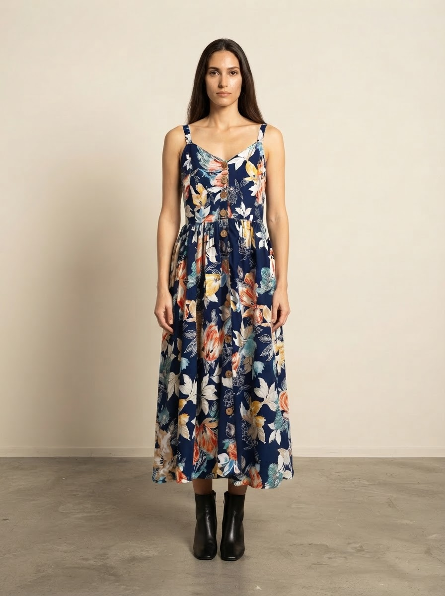 Vrouwelijk model draagt de donkerblauwe zomerjurk met bloemendessin, in een lichte ruimte