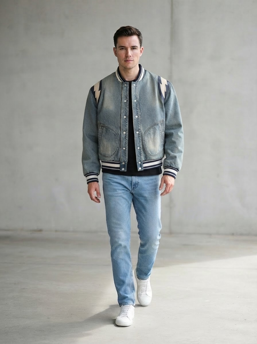 Het denim bomberjack op het model, neutraal in een lichte studio — de catalogusfoto