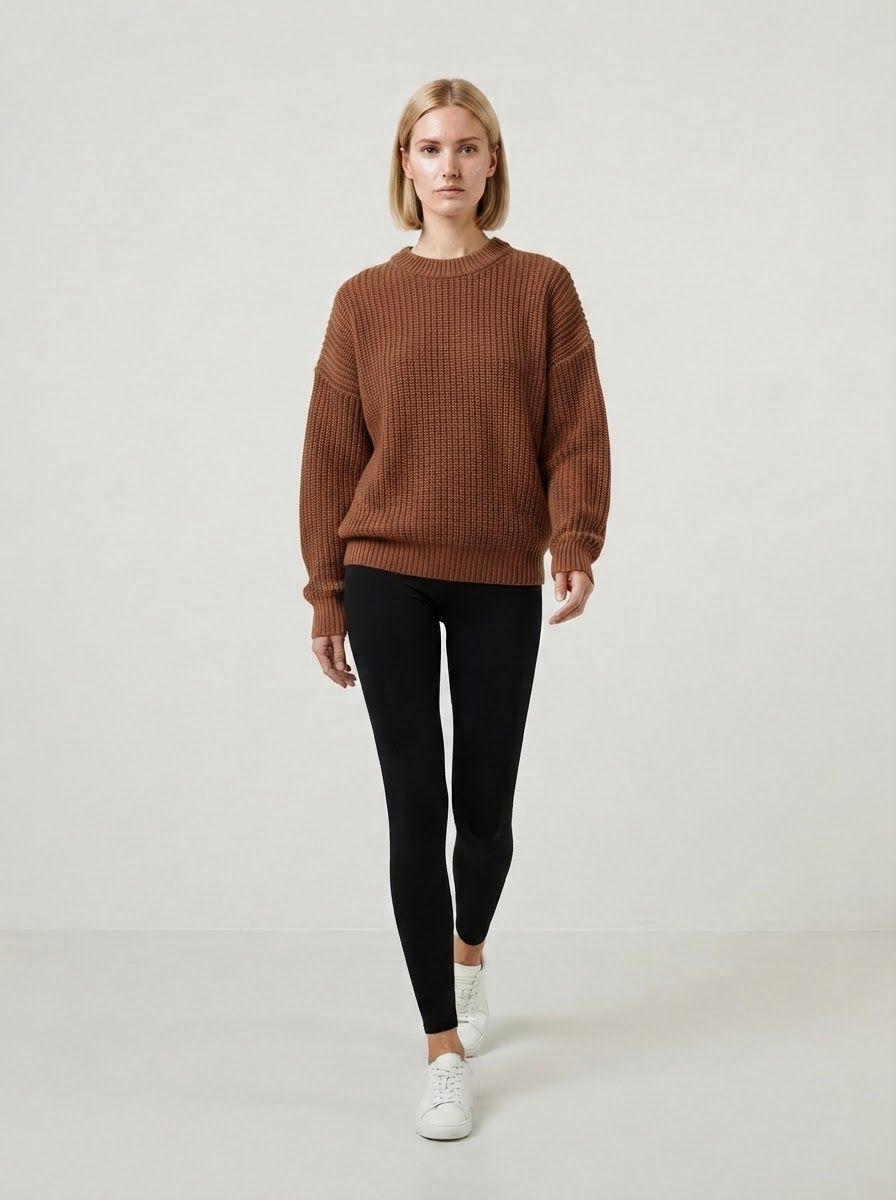 Model Iris draagt een kastanjebruine gebreide trui met zwarte legging