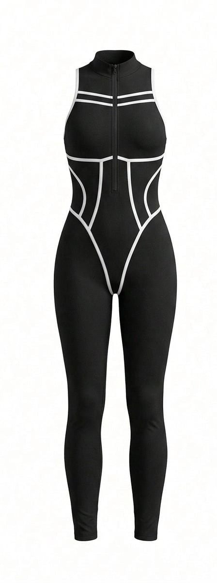 Ghost-pakshot van de zwarte jumpsuit met witte biezen en rits