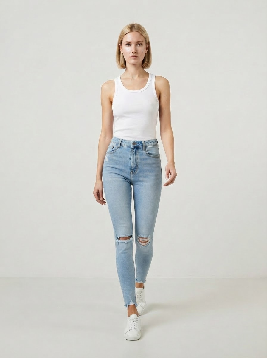 Model draagt de lichtblauwe ripped jeans, frontaal, in een lichte ruimte