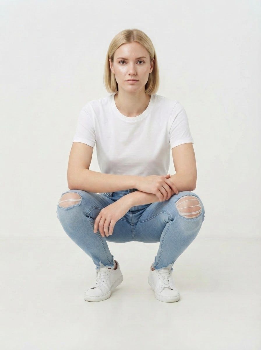 Hetzelfde model met dezelfde jeans, gehurkt