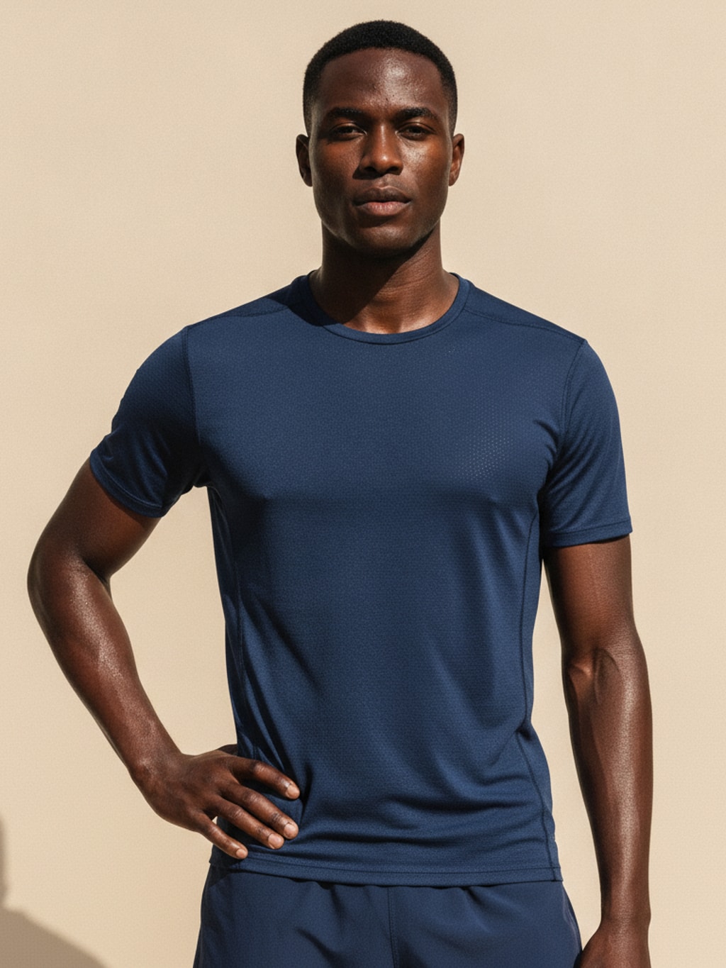 Atletische man in een strak donkerblauw hardloopshirt met bijpassende short, één hand in de zij