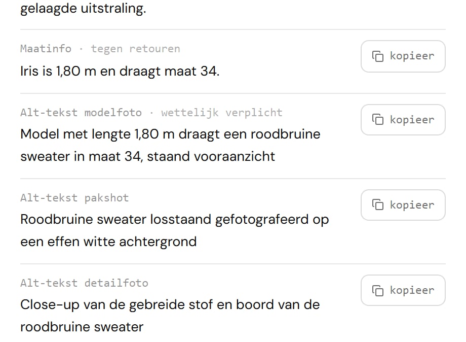De maatinfo in het tekstenpaneel: "Iris is 1,80 m en draagt maat 34"