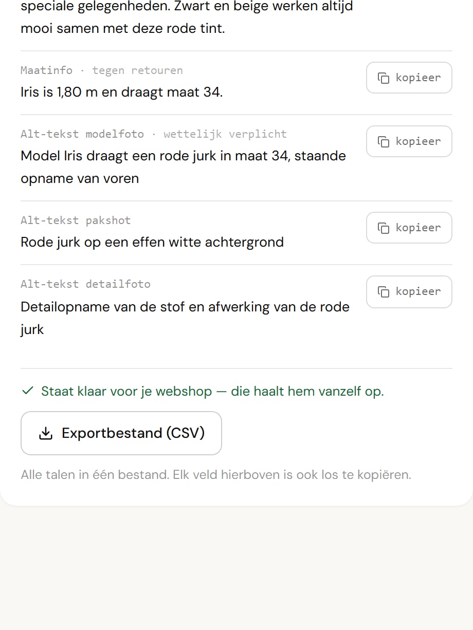 De maatinfo "Iris is 1,80 m en draagt maat 34" en drie alt-teksten, met de exportknop eronder