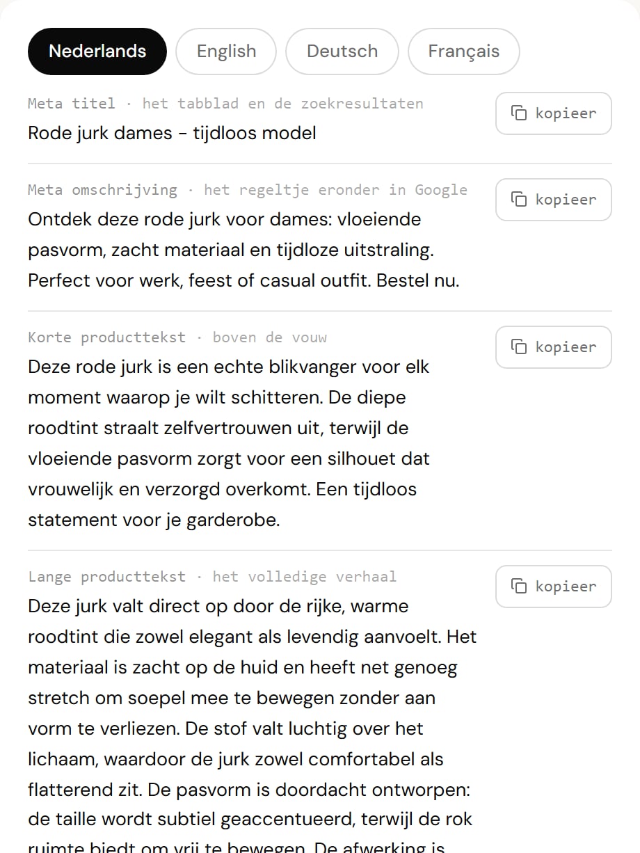 Het tekstenpaneel van FashionPix met vier taaltabbladen en de meta titel, meta omschrijving, korte en lange producttekst
