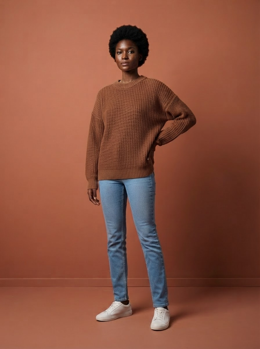 De bron: een model draagt de kastanjebruine trui in een terracotta studio