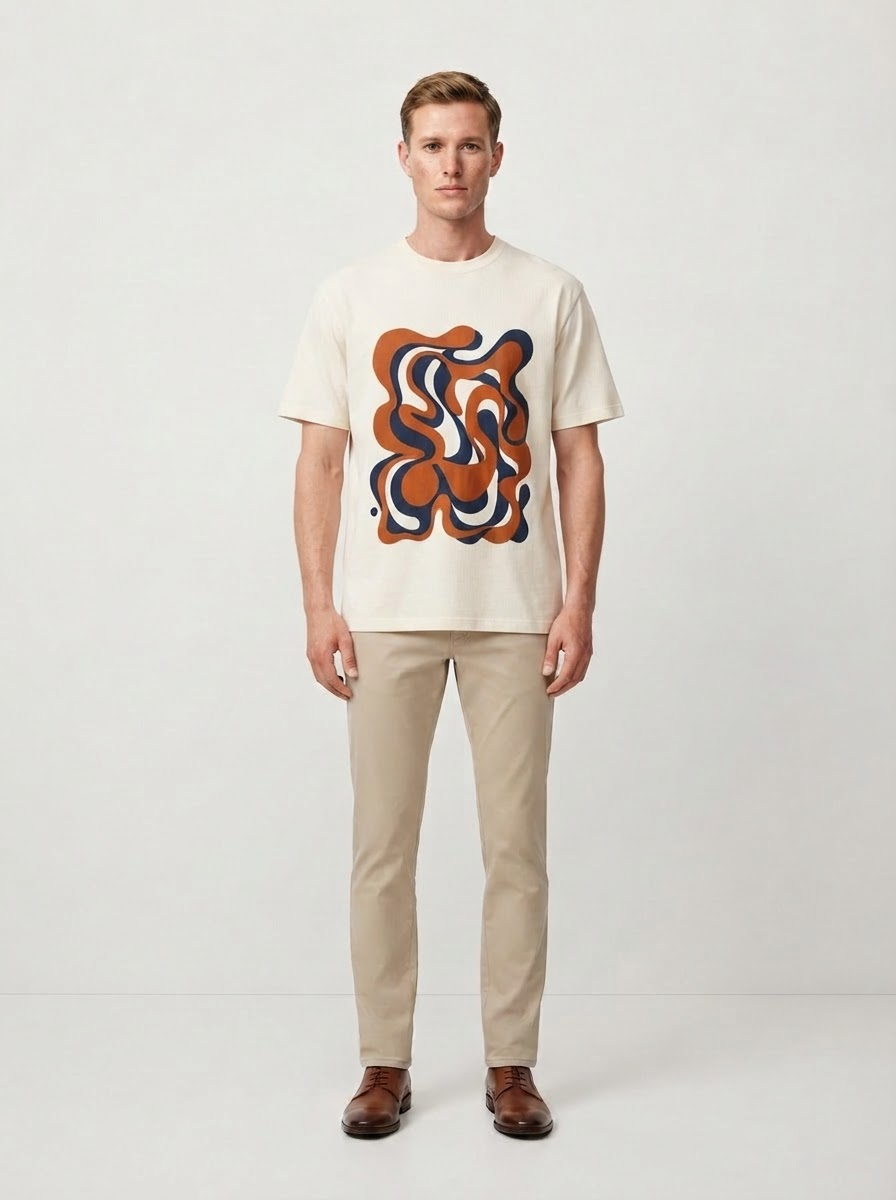 Mannelijk model draagt het ecru T-shirt met grafische print, in een lichte ruimte