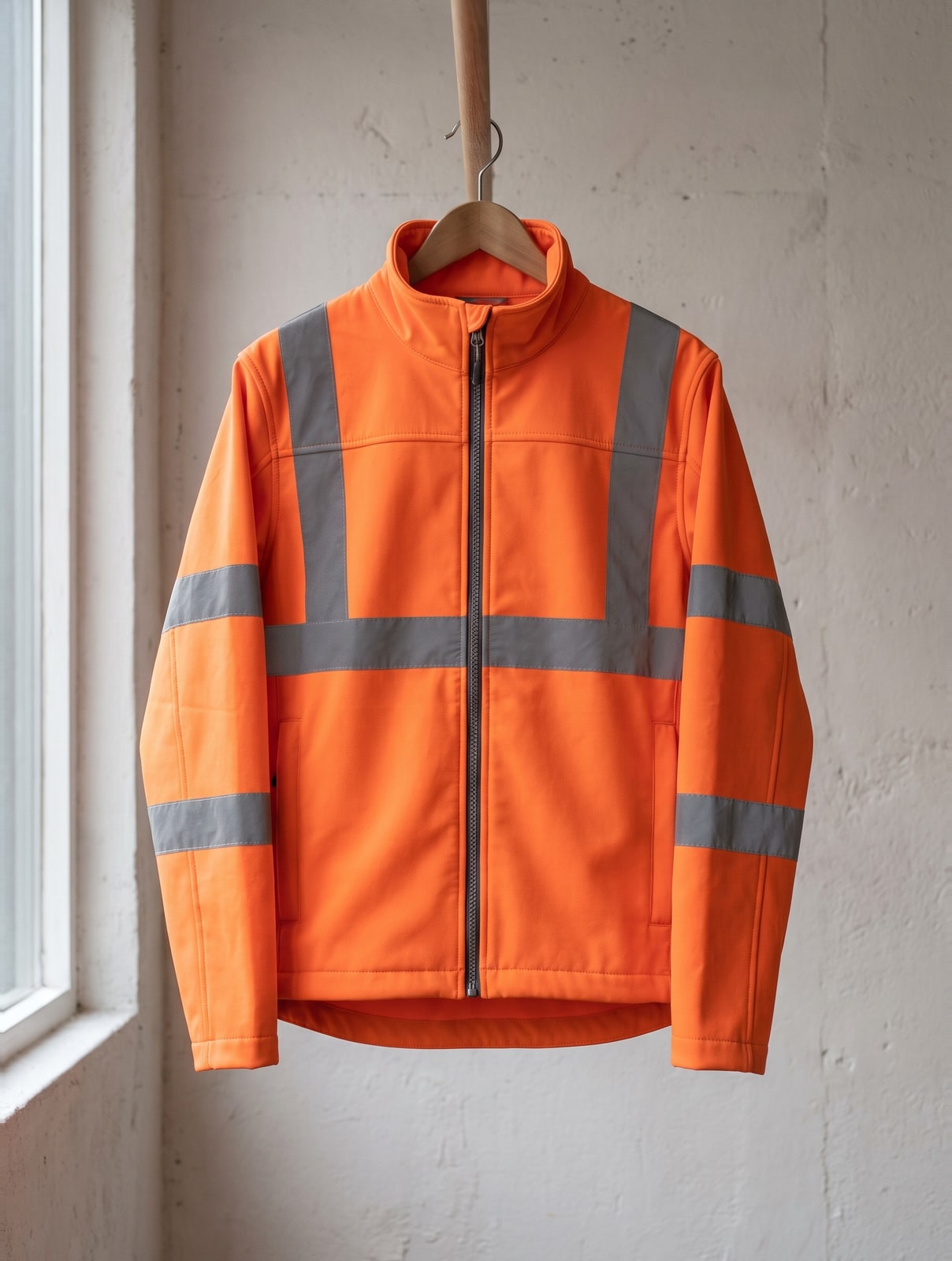 Fluorescerend oranje hi-vis werkjas met grijze reflectiestrepen, aan een hanger tegen een betonnen muur