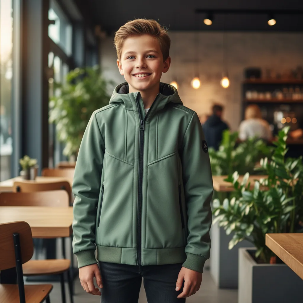 Dezelfde jas op een model binnen, in ander licht — gemaakt met FashionPix