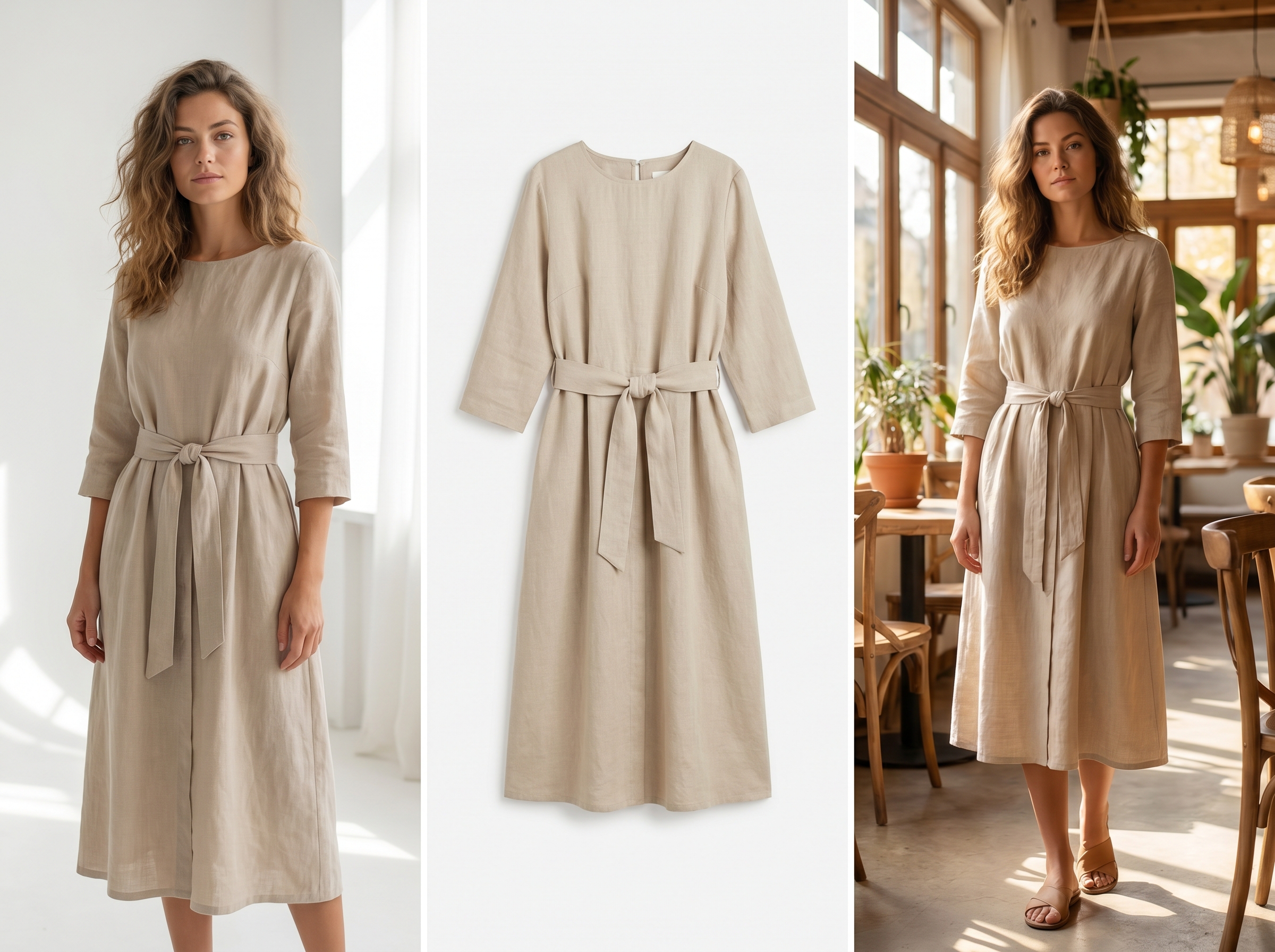Drie soorten productfoto's van een jurk: modelfoto, witte achtergrond en sfeerfoto