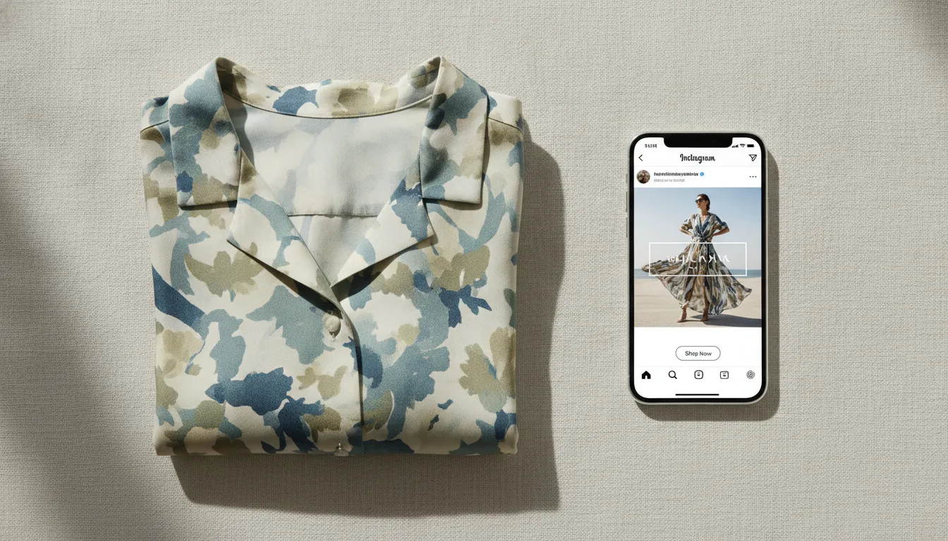 adverteren op Facebook en Instagram — Kledingstuk naast een smartphone met een advertentie op Facebook en Instagram voor een modeshop