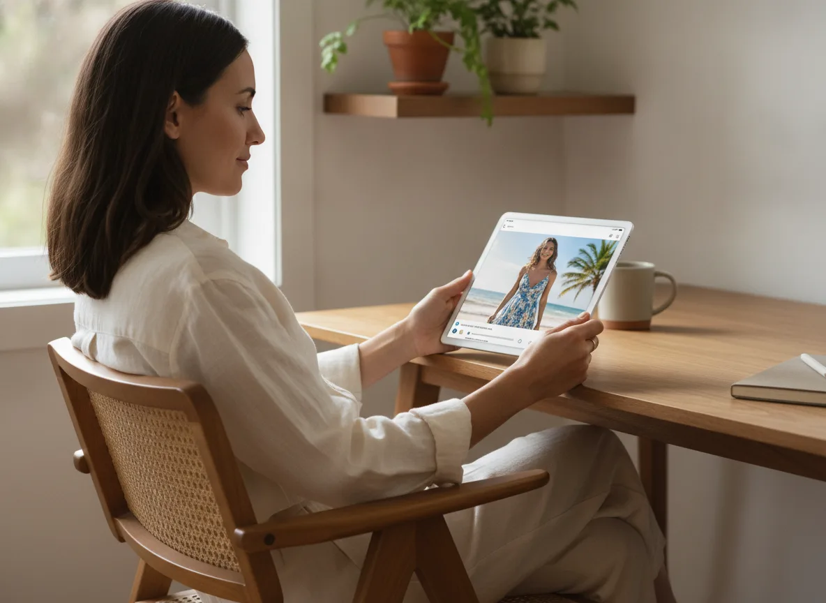 Webshop-eigenaar bekijkt een live Instagram-advertentie van een kledingstuk op haar tablet