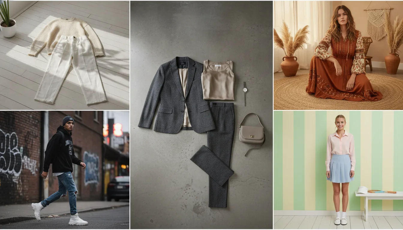 fashion fotografie stijlen — Vijf kledingstukken elk gefotografeerd in een andere fashion fotografie stijl, van Scandi minimalistisch tot Boho en Quiet Luxury